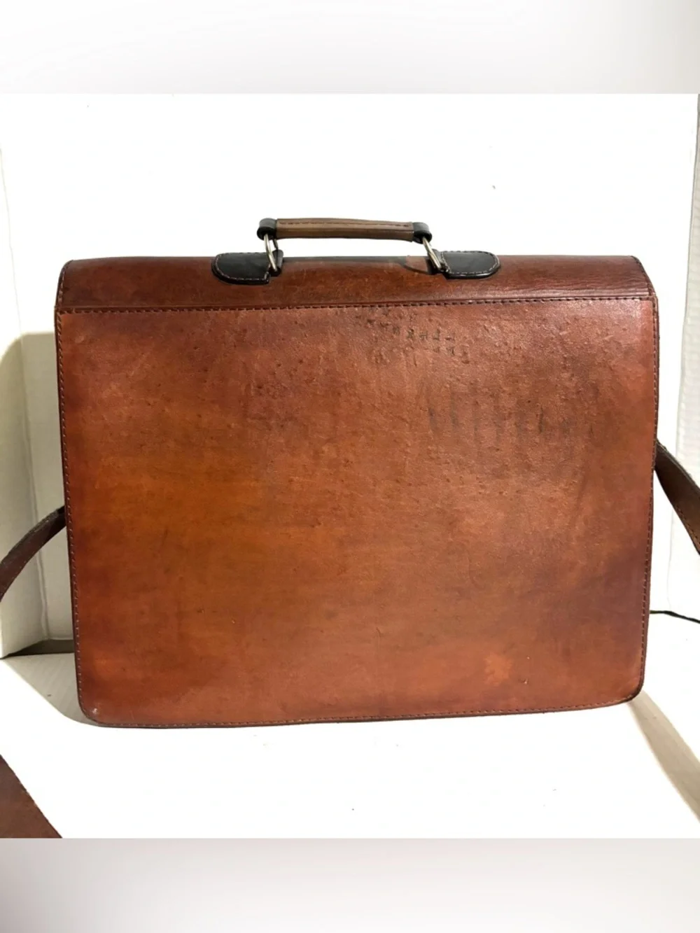 Vintage unisex Brown Leather Messenger Bag with Multicolor Woven Panel